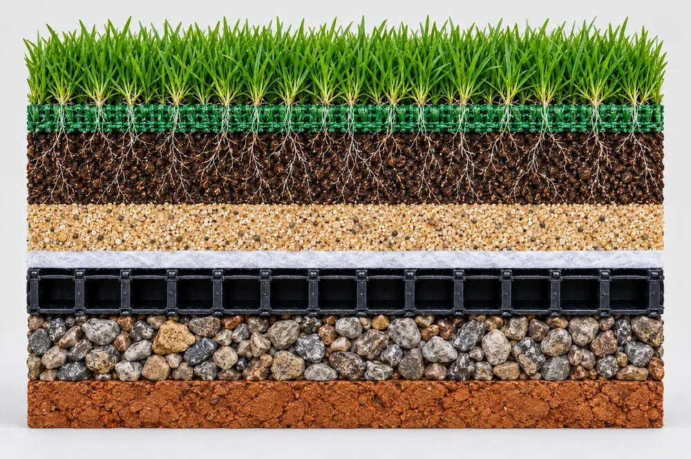 Cross-section of a Champion 6G Hybrid pitch: seven layers from the hybrid grass down to the subsoil