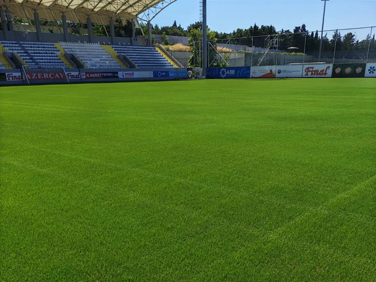 A finished hybrid pitch in front of a covered stadium stand