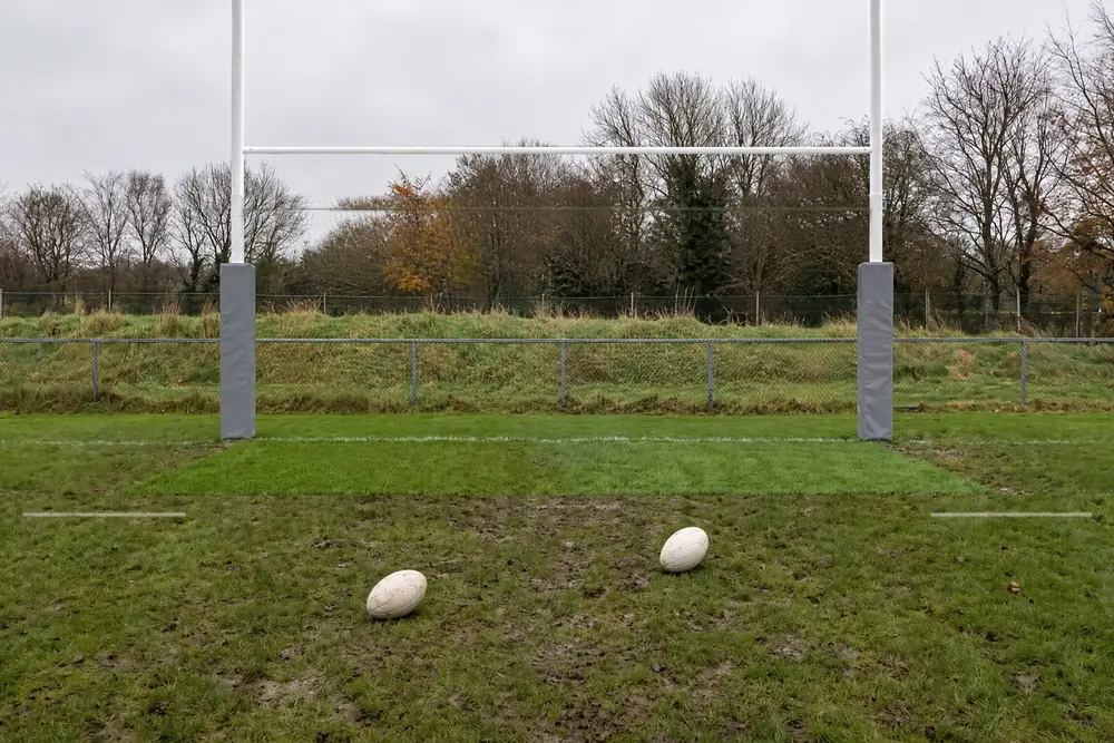The same winter pitch drawn with rugby posts and pads, the ground under the posts still green, two rugby balls on the mud