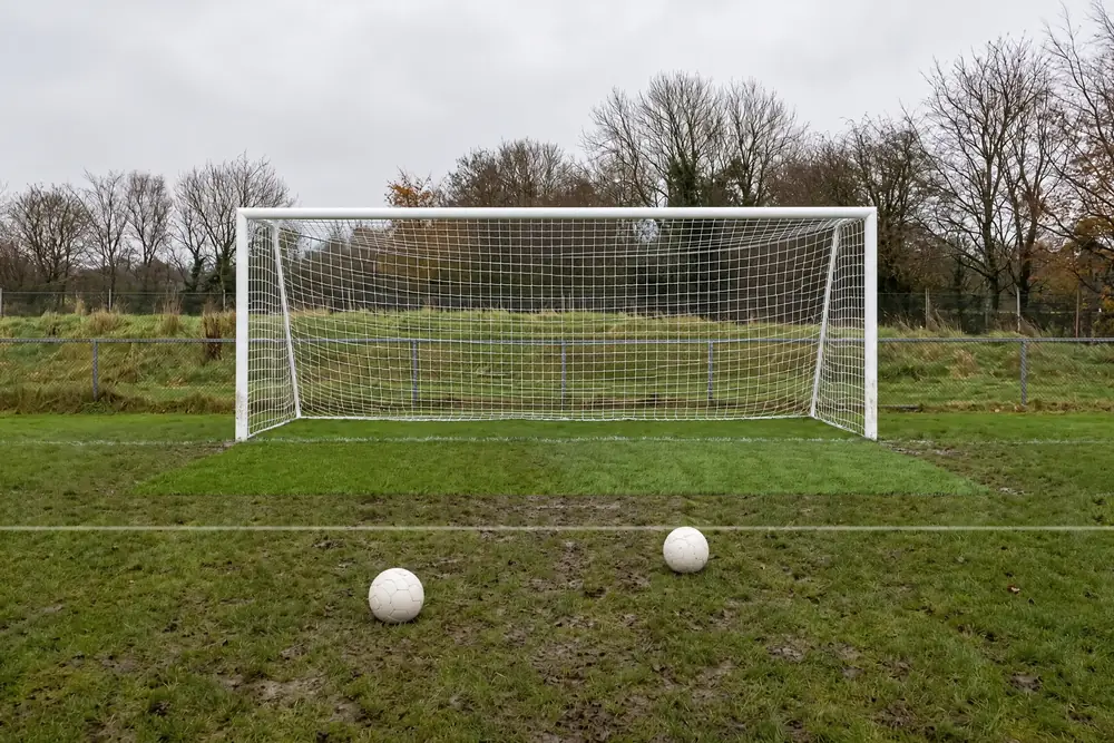 The same winter pitch drawn with a soccer goal and its box net, the goalmouth still green, two footballs on the mud