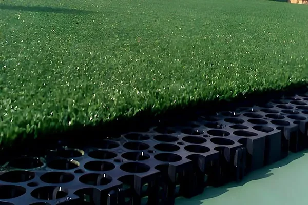 A synthetic carpet lifted at the edge to show the black drainage grid of open cells beneath it