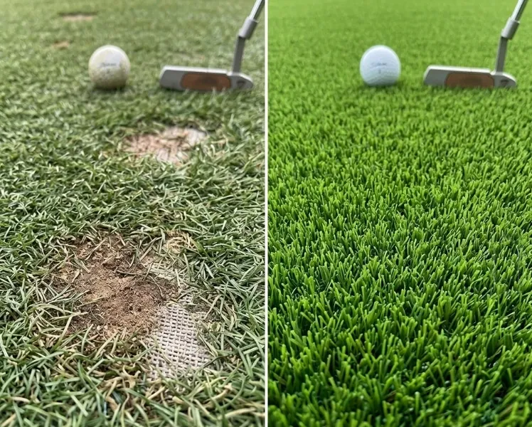 Two putting surfaces side by side, labelled Before and After: before, worn through to its backing and marked with a cross; after, even and unmarked and marked with a tick