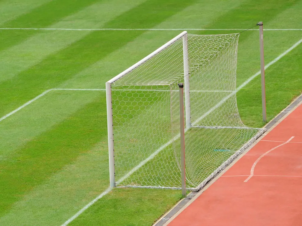 A soccer goal and net on a striped stadium pitch